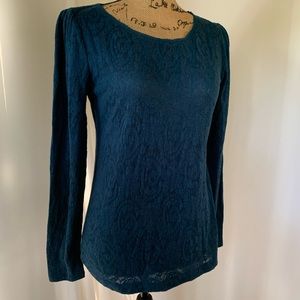 LOFT Dark Teal Blue Lace Long Sleeve Top